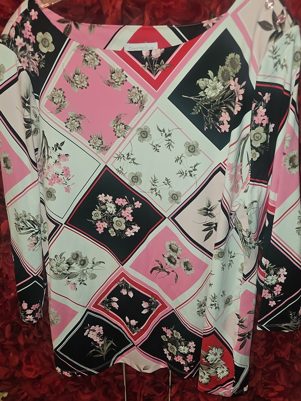 Charter Club Pink Black Cream Floral Block Tunic Size Xlarge